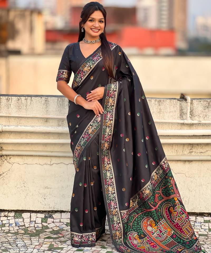 Black soft silk baluchari zari meena weaving saree with matching blouse piece