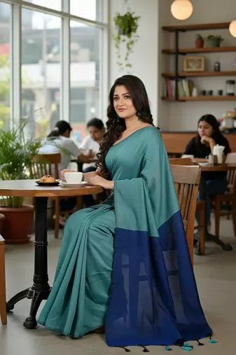 Turquoise fancy cotton handloom saree with blouse piece for women
