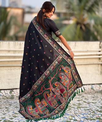 Black soft silk baluchari zari meena weaving saree with matching blouse piece 2