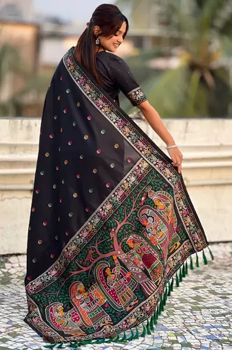 Black soft silk baluchari zari meena weaving saree with matching blouse piece