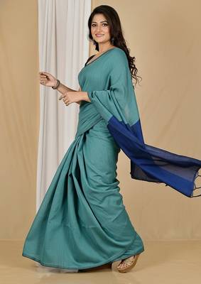 Turquoise fancy cotton handloom saree with blouse piece for women 3