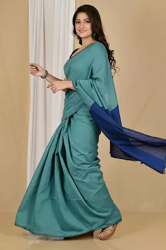 Turquoise fancy cotton handloom saree with blouse piece for women