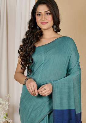 Turquoise fancy cotton handloom saree with blouse piece for women 4