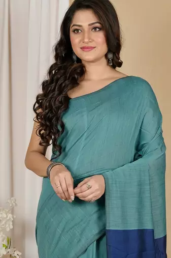 Turquoise fancy cotton handloom saree with blouse piece for women