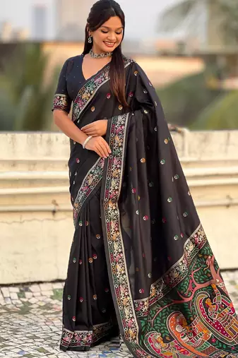 Black soft silk baluchari zari meena weaving saree with matching blouse piece