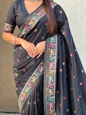 Black soft silk baluchari zari meena weaving saree with matching blouse piece 4