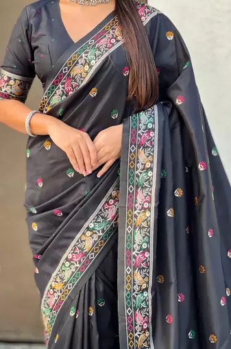 Black soft silk baluchari zari meena weaving saree with matching blouse piece