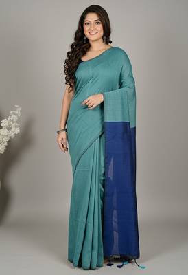 Turquoise fancy cotton handloom saree with blouse piece for women 5