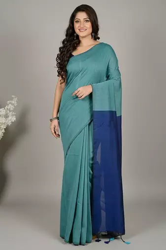 Turquoise fancy cotton handloom saree with blouse piece for women