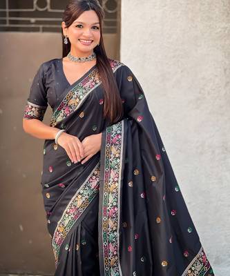 Black soft silk baluchari zari meena weaving saree with matching blouse piece 5