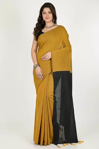 Mustered & Black fancy cotton handloom saree with blouse piece for women