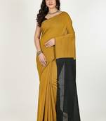 Mustered & Black fancy cotton handloom saree with blouse piece for women