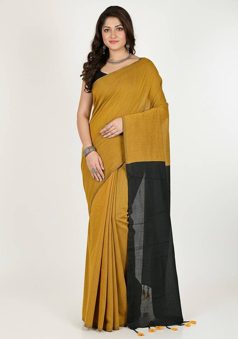 Mustered & Black fancy cotton handloom saree with blouse piece for women