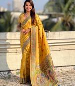 Yellow soft silk baluchari zari meena weaving saree with matching blouse piece
