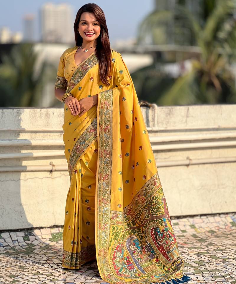 Yellow soft silk baluchari zari meena weaving saree with matching blouse piece