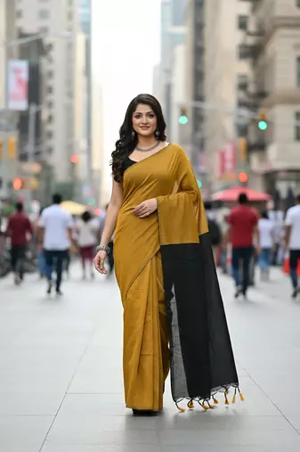 Mustered & Black fancy cotton handloom saree with blouse piece for women