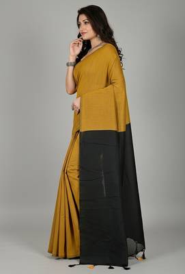 Mustered & Black fancy cotton handloom saree with blouse piece for women 3