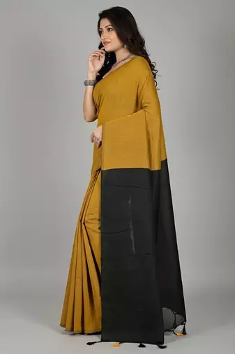 Mustered & Black fancy cotton handloom saree with blouse piece for women