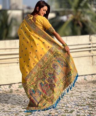Yellow soft silk baluchari zari meena weaving saree with matching blouse piece 2