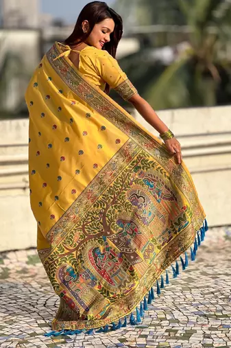 Yellow soft silk baluchari zari meena weaving saree with matching blouse piece