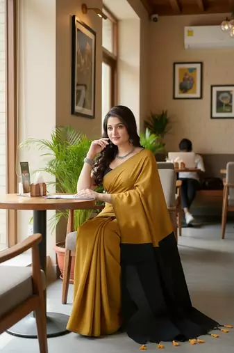 Mustered & Black fancy cotton handloom saree with blouse piece for women