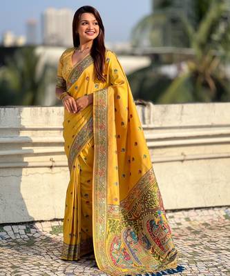 Yellow soft silk baluchari zari meena weaving saree with matching blouse piece 3