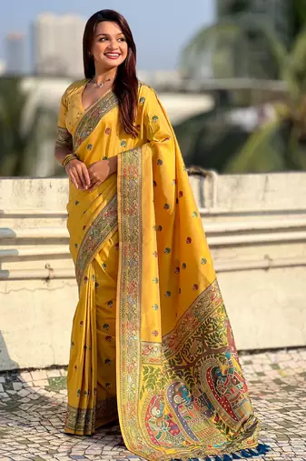 Yellow soft silk baluchari zari meena weaving saree with matching blouse piece