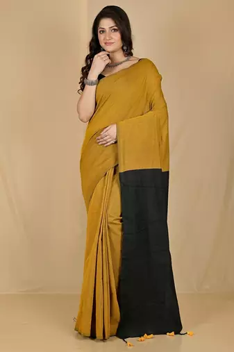 Mustered & Black fancy cotton handloom saree with blouse piece for women