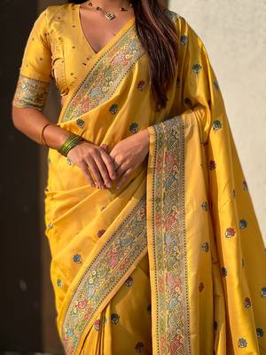 Yellow soft silk baluchari zari meena weaving saree with matching blouse piece 4