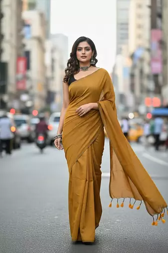 Plain fancy cotton handloom saree with blouse piece for women