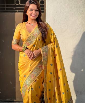 Yellow soft silk baluchari zari meena weaving saree with matching blouse piece 5