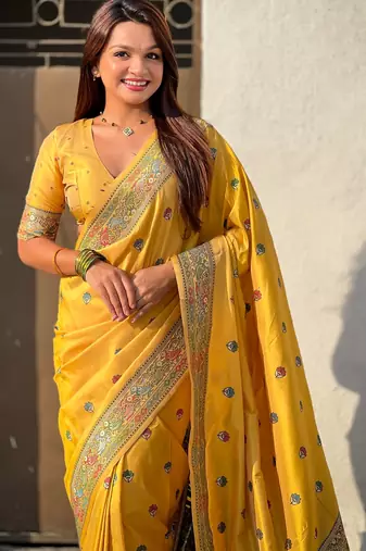 Yellow soft silk baluchari zari meena weaving saree with matching blouse piece