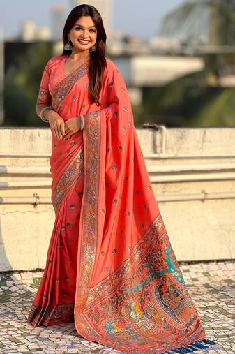 Orange soft silk baluchari zari meena weaving saree with matching blouse piece