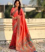 Orange soft silk baluchari zari meena weaving saree with matching blouse piece