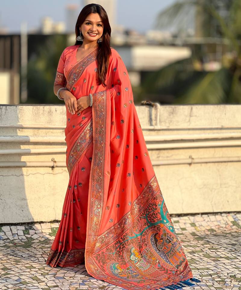 Orange soft silk baluchari zari meena weaving saree with matching blouse piece