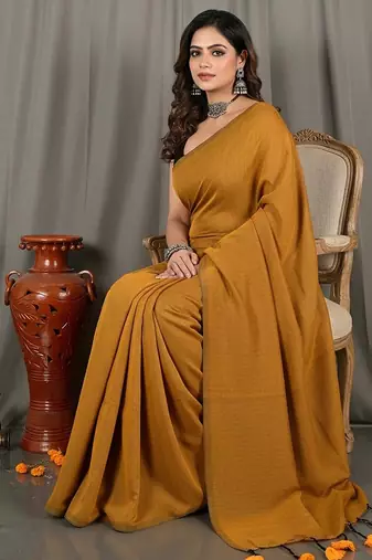 Plain fancy cotton handloom saree with blouse piece for women
