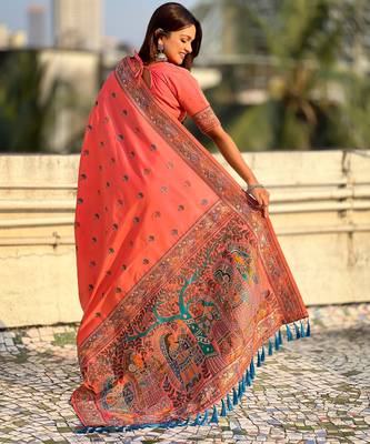Orange soft silk baluchari zari meena weaving saree with matching blouse piece 2