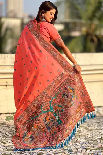 Orange soft silk baluchari zari meena weaving saree with matching blouse piece