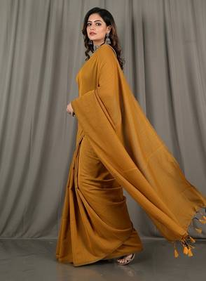 Plain fancy cotton handloom saree with blouse piece for women 4