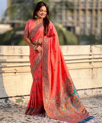 Orange soft silk baluchari zari meena weaving saree with matching blouse piece 3