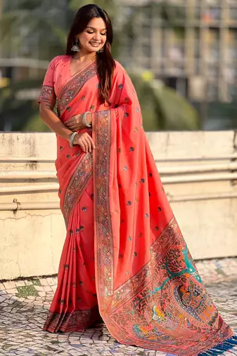 Orange soft silk baluchari zari meena weaving saree with matching blouse piece