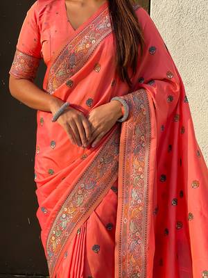 Orange soft silk baluchari zari meena weaving saree with matching blouse piece 4