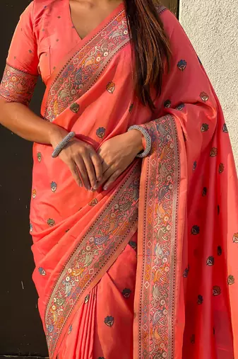 Orange soft silk baluchari zari meena weaving saree with matching blouse piece