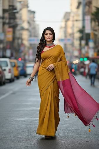 Mustered & Pink fancy cotton handloom saree with blouse piece for women