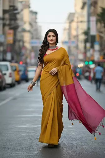 Mustered & Pink fancy cotton handloom saree with blouse piece for women