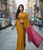 Mustered & Pink fancy cotton handloom saree with blouse piece for women