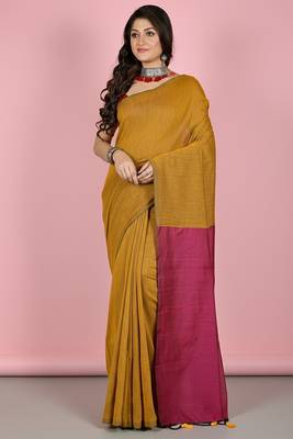 Mustered & Pink fancy cotton handloom saree with blouse piece for women 2