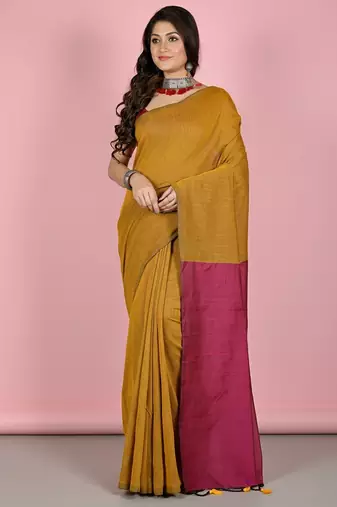 Mustered & Pink fancy cotton handloom saree with blouse piece for women