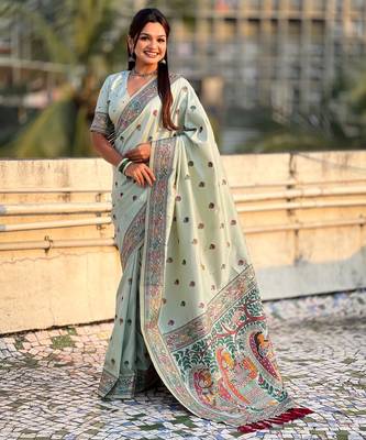 Sea green soft silk baluchari zari meena weaving saree with matching blouse piece 1
