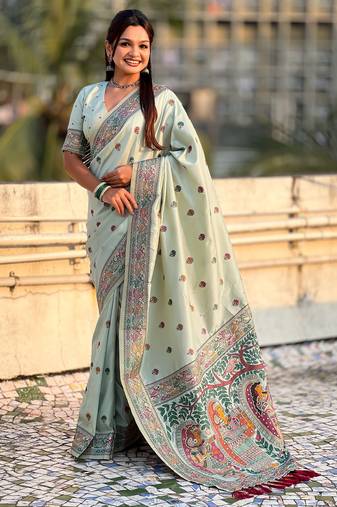 Sea green soft silk baluchari zari meena weaving saree with matching blouse piece